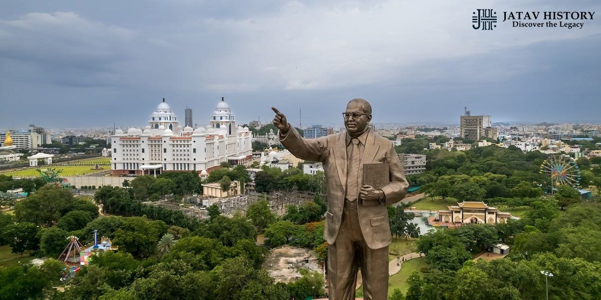 Dr Bhimrao Ambedkar statue overlooking city landscape