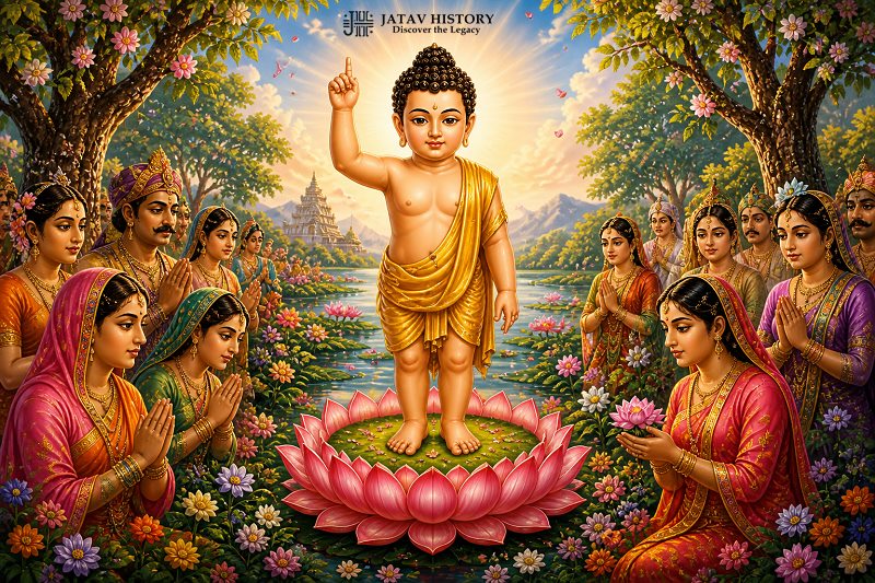 Birth of Gautam Buddha in Lumbini with devotees and lotus scene
