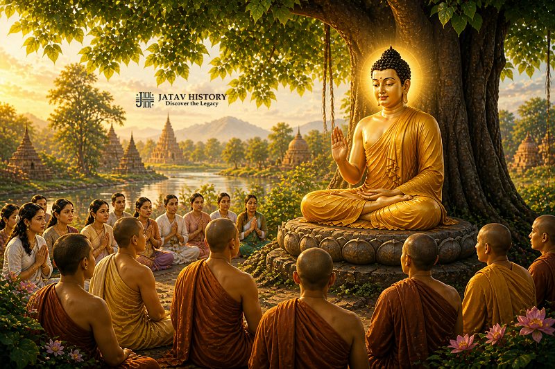 Gautam Buddha teaching peace and compassion to disciples under tree