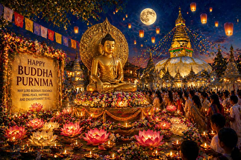 Buddha Purnima celebration in temple with lights candles and devotees