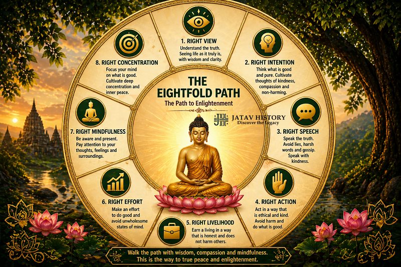 Eightfold Path of Buddhism chart showing Buddha teachings