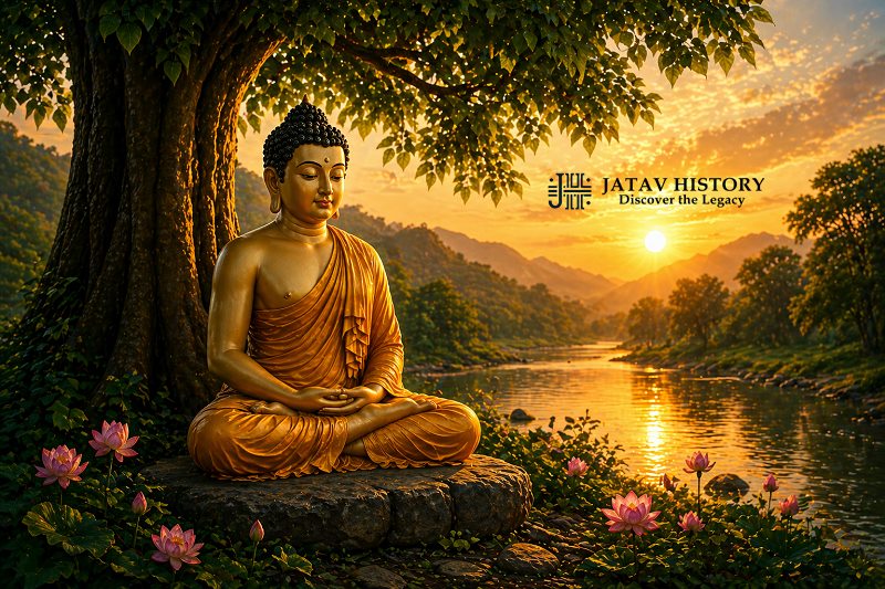 Buddha meditation image showing peace and mindfulness near river